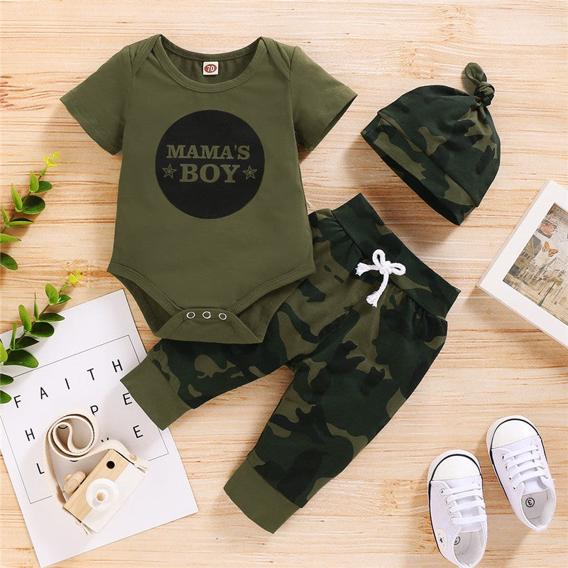 Conjunto 3 Peças Baby Boy “Mama’s Boy” com Camuflagem – Estilo e Conforto para os Pequenos Heróis!