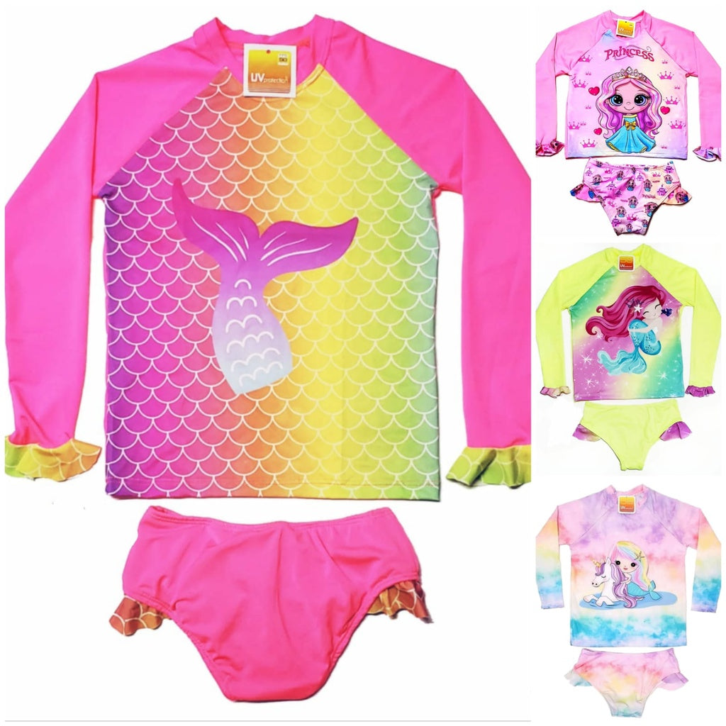 Conjunto de Biquíni Infantil com Blusa Proteção Solar UV 50+ Sereia Unicórnio Praia Piscina Natação Menina Infantil