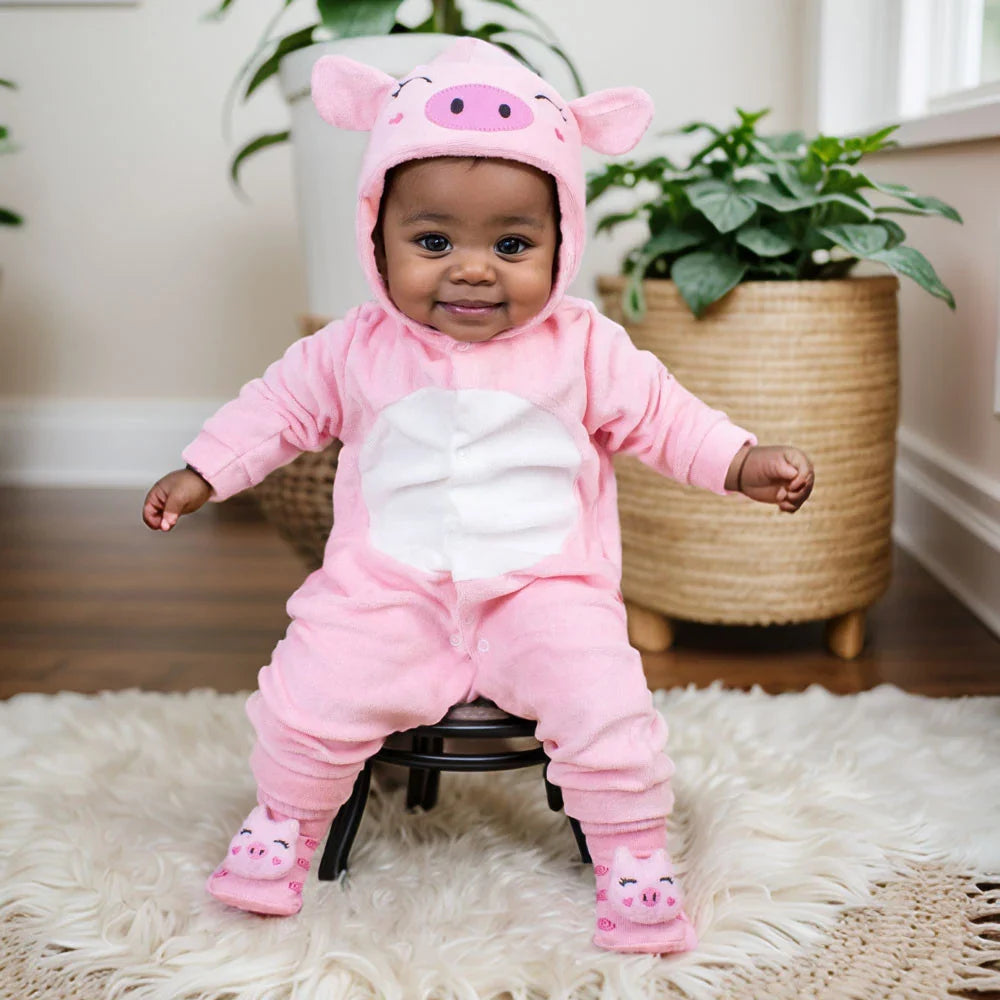 Conjunto Macacão Plush Bichinhos e Pantufa Lúdica
