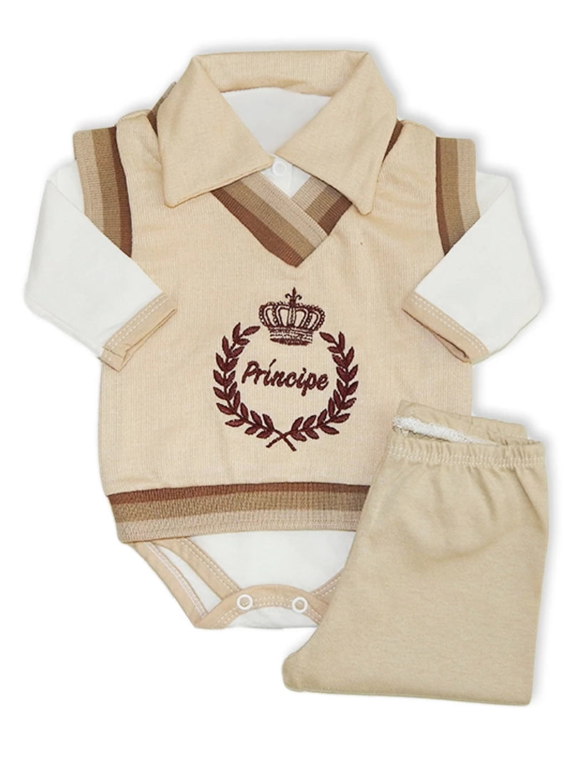 Conjunto Pagão Body Bebê Calça e Colete Bordado Sortido Menino Kit 3pçs
