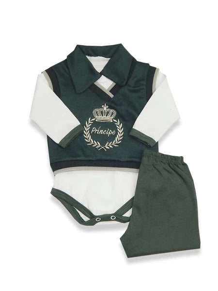 Conjunto Pagão Body Bebê Calça e Colete Bordado Sortido Menino Kit 3pçs