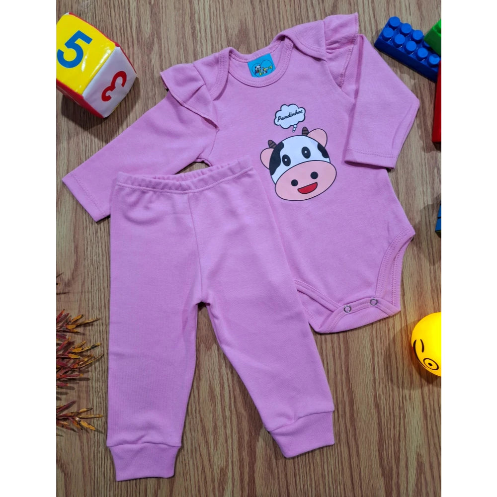 Body bebê, conjunto suedine 100% algodão longo com babado, Rosa ,PANDAS MINI!