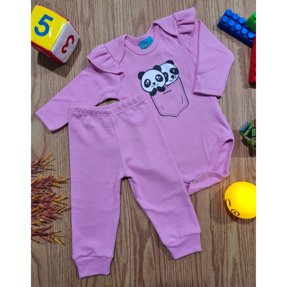 Body bebê, conjunto suedine 100% algodão longo com babado, Rosa ,PANDAS MINI!