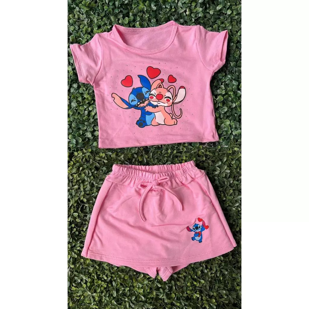 Conjunto stitch Blusa SHORT saia infantil-moda bloguerinha
