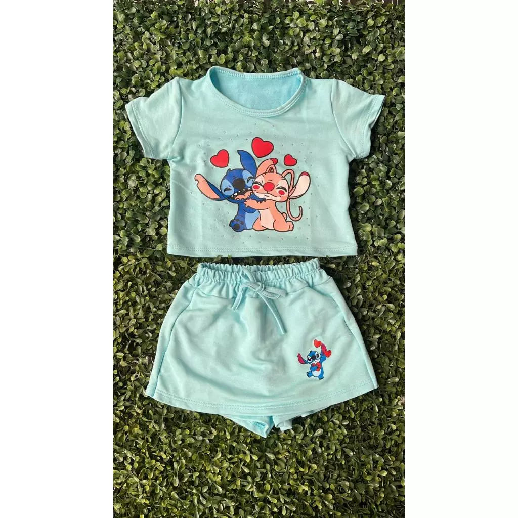 Conjunto stitch Blusa SHORT saia infantil-moda bloguerinha