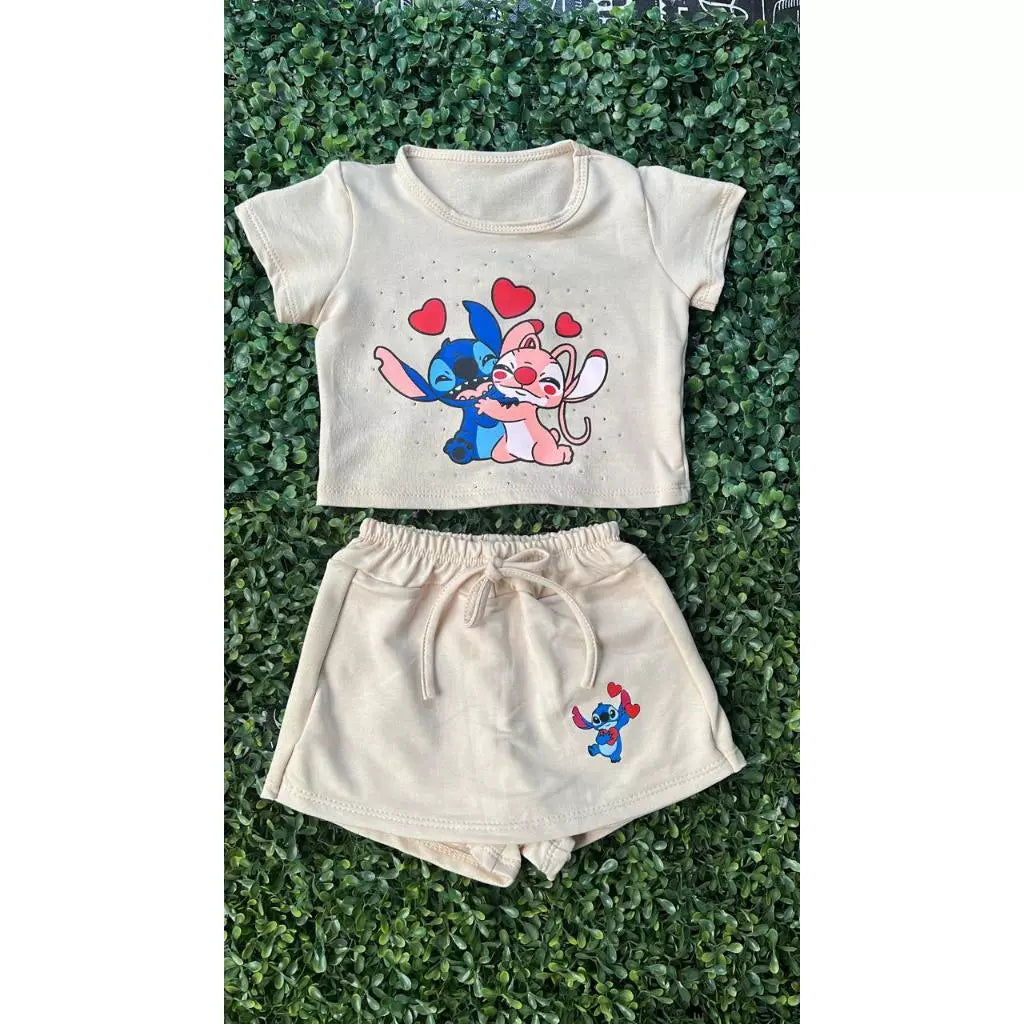Conjunto stitch Blusa SHORT saia infantil-moda bloguerinha