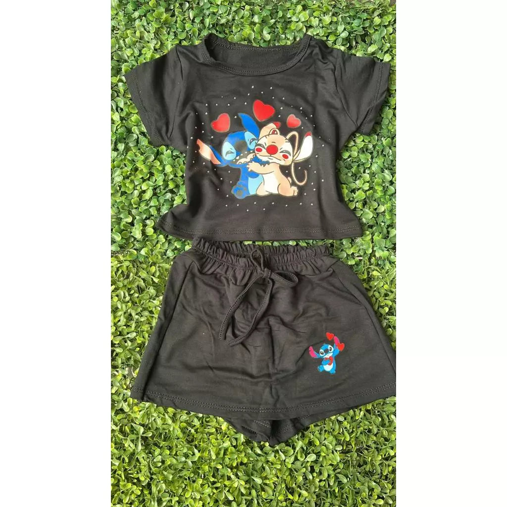 Conjunto stitch Blusa SHORT saia infantil-moda bloguerinha