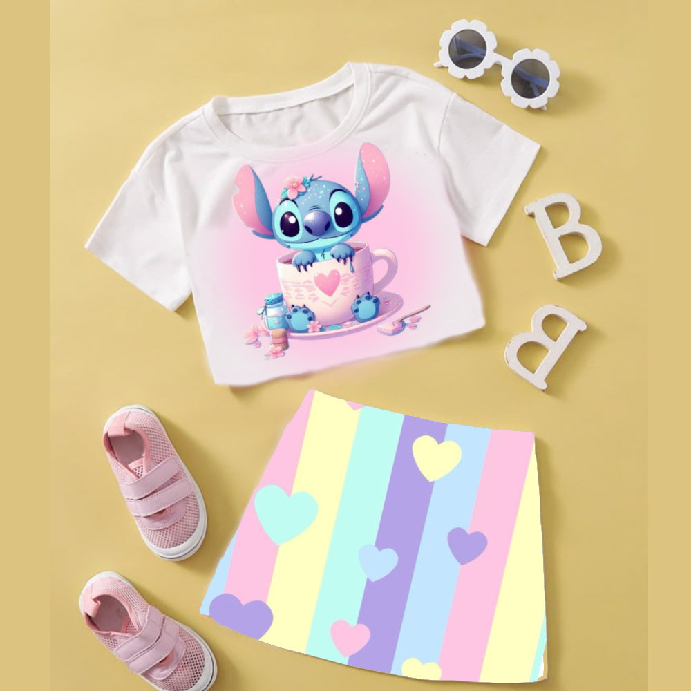 conjunto feminino infantil menina top cropped camiseta blusinha saia curta estampada tam.2 ao14