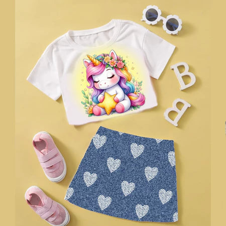 conjunto feminino infantil menina top cropped camiseta blusinha saia curta estampada tam.2 ao14