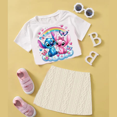 conjunto feminino infantil menina top cropped camiseta blusinha saia curta estampada tam.2 ao14
