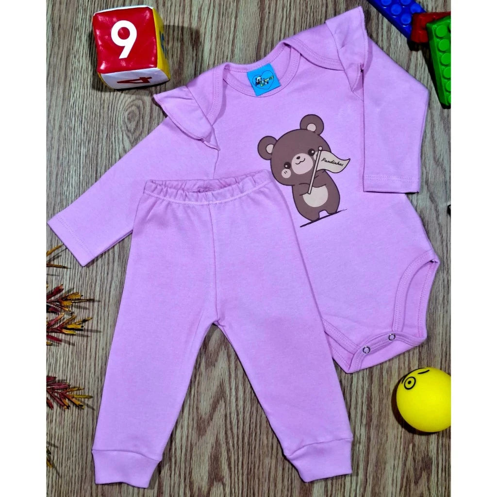 Body bebê, conjunto suedine 100% algodão longo com babado, Rosa ,PANDAS MINI!