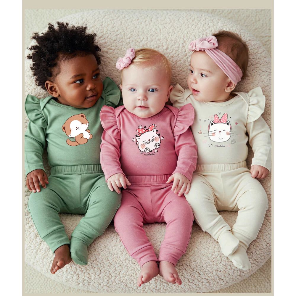 Body bebê, conjunto suedine 100% algodão longo com babado, Rosa ,PANDAS MINI!