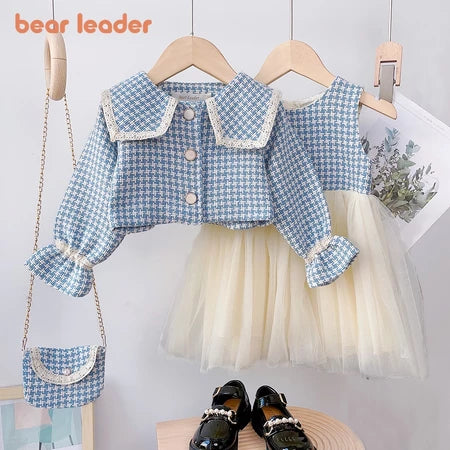 Conjunto De Roupas Para Meninas Líderes De Ursos 2-6 Anos Primavera Outono Colete De Malha Lisa + Casaco + Saco 3 Pcs De Festa