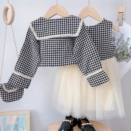 Conjunto De Roupas Para Meninas Líderes De Ursos 2-6 Anos Primavera Outono Colete De Malha Lisa + Casaco + Saco 3 Pcs De Festa