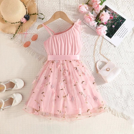 Vestido De Bebê Menina 2-7 Anos Verão Sem Manga Bordados Tulle Moda Vestidos De Princesa Crianças Infantil