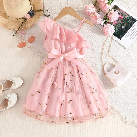 Vestido De Bebê Menina 2-7 Anos Verão Sem Manga Bordados Tulle Moda Vestidos De Princesa Crianças Infantil
